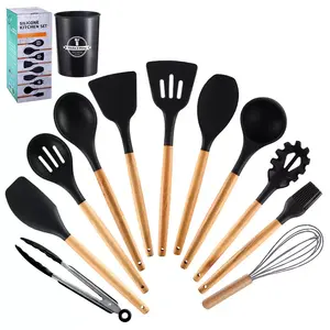 12 Pieces Silicone Natural Acacia Wooden Cooking Utensils Set