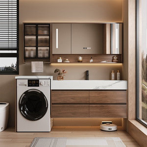 Meuble-lavabo de salle de bain moderne du milieu du siècle, en bois, avec dessus en marbre blanc, double tiroirs de rangement, miroir mural en MDF, garantie de 3 ans - Product Image 4