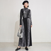 Ensemble deux pièces plissé pour femme, imprimé ciel étoilé, haut à col montant et manches longues & jupe longue, style Miyake élégant, vente en gros