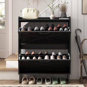 Nordic Style Double Layer <b>Shoe</b> Cabinet Black <b>Space</b> <b>Saving</b> <b>Storage</b> For Entryway And Living Room - Product Image 4