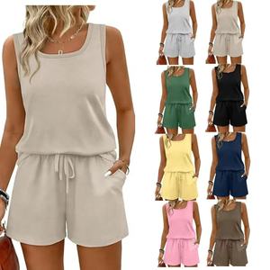 Conjunto de pantalones cortos y camiseta sin mangas para mujer, conjunto informal de dos piezas, ropa de playa de verano, transpirable - Product Image 1