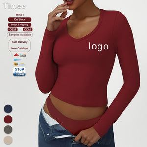 Vêtements de yoga à manches longues moulants col en V haut de <span class=keywords><strong>sport</strong></span> sexy T-<span class=keywords><strong>shirt</strong></span> de course et de fitness à séchage rapide pour femmes - Product Image 1