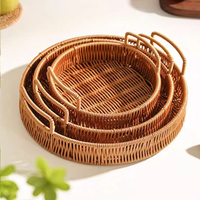 Plateaux de rangement en rotin tressé artisanal à 3 niveaux de qualité supérieure, ensemble de plateaux ronds en osier naturel, paniers organisateurs pour la maison