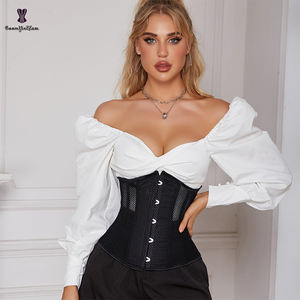 플러스 사이즈 힙업 12인치 롱 토르소 웨이스트 트레이닝 코르셋 레이싱 리본 밴디지 뷔스티에 메쉬 블랙 코르셋 탑 5개 브로치 포함 - Product Image 3