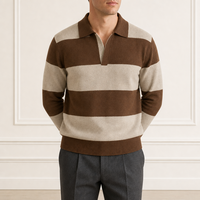 Pull tricoté respirant pour homme à col polo rayé, personnalisé avec logo, sur mesure et ODM, de luxe, à manches longues