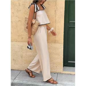 Conjunto de 2 piezas de verano para mujer, top corto sin mangas y pantalones, informal, transpirable, de crepé, para viaje. - Product Image 4