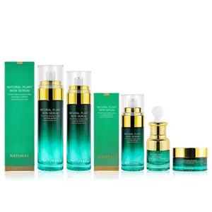 Confezione ecologica per la cura della pelle 20 40 80 100 ml set di bottiglie di vetro cosmetico verde rotondo vuoto e vasetto per crema per il viso