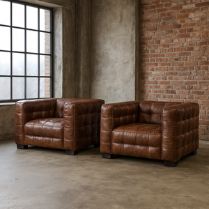 Industrial Loft | <b>Vintage</b> Brown Genuine Leather Chesterfield Club <b>Armchair</b> Set | Retro Tufted Design American Style | Akku Art - Product Image 2