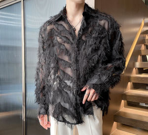 <strong>Men's</strong> Henry Neck Slim Casual Shirts Handmade 3D Feather Design Unique Social Camisas Homme <strong>Clothes</strong> - Product Image 3