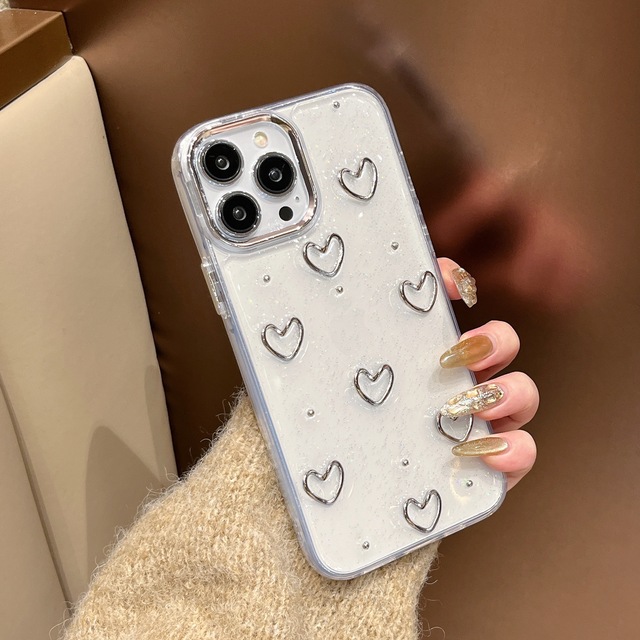 New Stylish 3D Silver Love Heart Mobile Accessories Glitter Epoxy Phone Case for iPhone 11 12 13 14 15 16 Pro Max