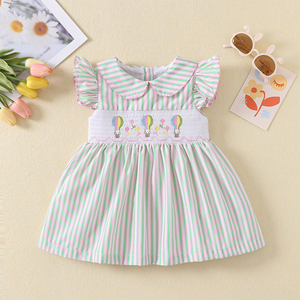 Nuovo Smocked abbigliamento per bambini Casual estate fumetto ricamato Shirring rosa <span class=keywords><strong>verde</strong></span> manica a sbuffo vestono le bambine - Product Image 2