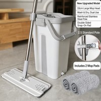 Serpillère plate mains libres avec seau, système intégré de lavage et séchage, tête en acier inoxydable, manche de 33 cm, grande serpillère pour le nettoyage des sols domestiques