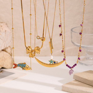 Collane con Ciondolo in Oro, Fiocco, Pesce Koi, Luna Crescente, Perla, Stella, Perline di Giada Viola, Gioielli Quotidiani con Catena - Product Image 1