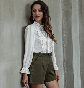 Long Sleeves <strong>White</strong> <strong>Blouses</strong> Stand Collar Women Tops Chiffon Lace Shirt <strong>Blouses</strong> - Product Image 5