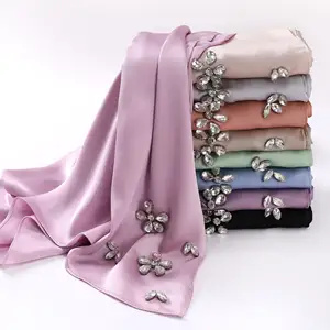 luxury girls handmade rhinestone solid bubble satin hijab women scarf satin silk hijabs malaysia tudung wrap long shawl