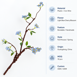 Branche artificielle de cerisier sauvage bleu clair, branche flexible à écorce rugueuse avec petites fleurs, décoration florale style ferme - Product Image 6
