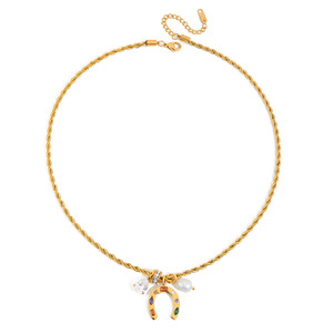 Collier pendentif fer à cheval en acier inoxydable plaqué or 18 carats avec pierres précieuses multicolores et perle, bijou cadeau pour usage quotidien - Product Image 5
