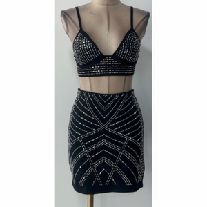 Elegante completo da donna in due pezzi con strass tailleur pantalone per feste ed eventi top corti taglia 2XL - Product Image 1