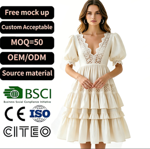 Robe midi élégante en dentelle à volants avec manches bouffantes et décolleté en V profond, style vintage français, robe de soirée en coton d'été pour femmes - Product Image 1