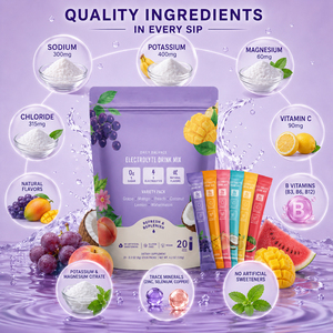 Mélange d'électrolytes végétaliens biologiques en poudre, boisson sans sucre, complément vitaminique pour adultes, hydratation, nutrition sportive, soutien immunitaire - Product Image 2