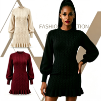 Robe pull en maille torsadée pour femme, col rond, manches ballon, ourlet à volants, mini-robe moulante en tricot pour femmes