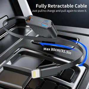 New Fast Shipping Car Charger Adapter Fast Charging 60W Retractable Cables And USB Port Retractable Car Charging