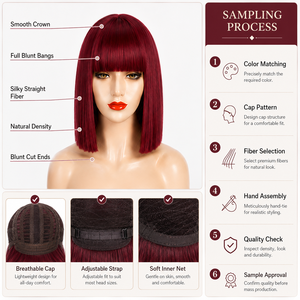 Peluca sintética corta tipo bob de 12 pulgadas, color rojo vino, con flequillo, resistente al calor, para mujer, moda, <span class=keywords><strong>cosplay</strong></span>, uso diario, peluca completa, venta al por mayor - Product Image 3