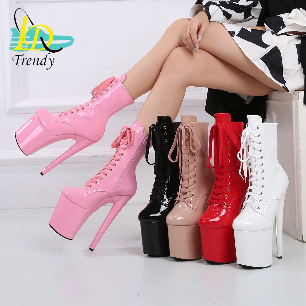 Sexy stripper heels laces round head low leg ankle boots 20cm sexy shoes very high heels black platform pole dance shoes club