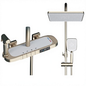 Ensemble de douche carré à affichage numérique, finition or brossé, avec douche pluie domestique, robinets thermostatiques et barre coulissante murale - Product Image 1