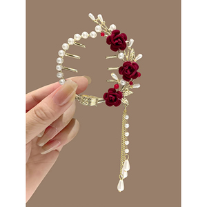Elegante fermaglio per capelli con perle e nappe a forma di rosa per donne e ragazze, accessorio per feste. - Product Image 5