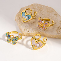 Bague ouverte en acier inoxydable style papillon cœur, tendance, avec perle coquillage incrustée et finition émail goutte d'huile, bague sous vide