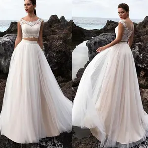 Scoop White A Line Crop Top Beach Two Piece Wedding Dress Suzhou