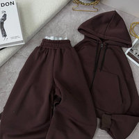 Ensemble sweat-shirt et pantalon de survêtement en coton épais et doux, coupe courte et ample, marron, avec fermeture éclair personnalisée, taille haute, ourlet incurvé, prérétréci