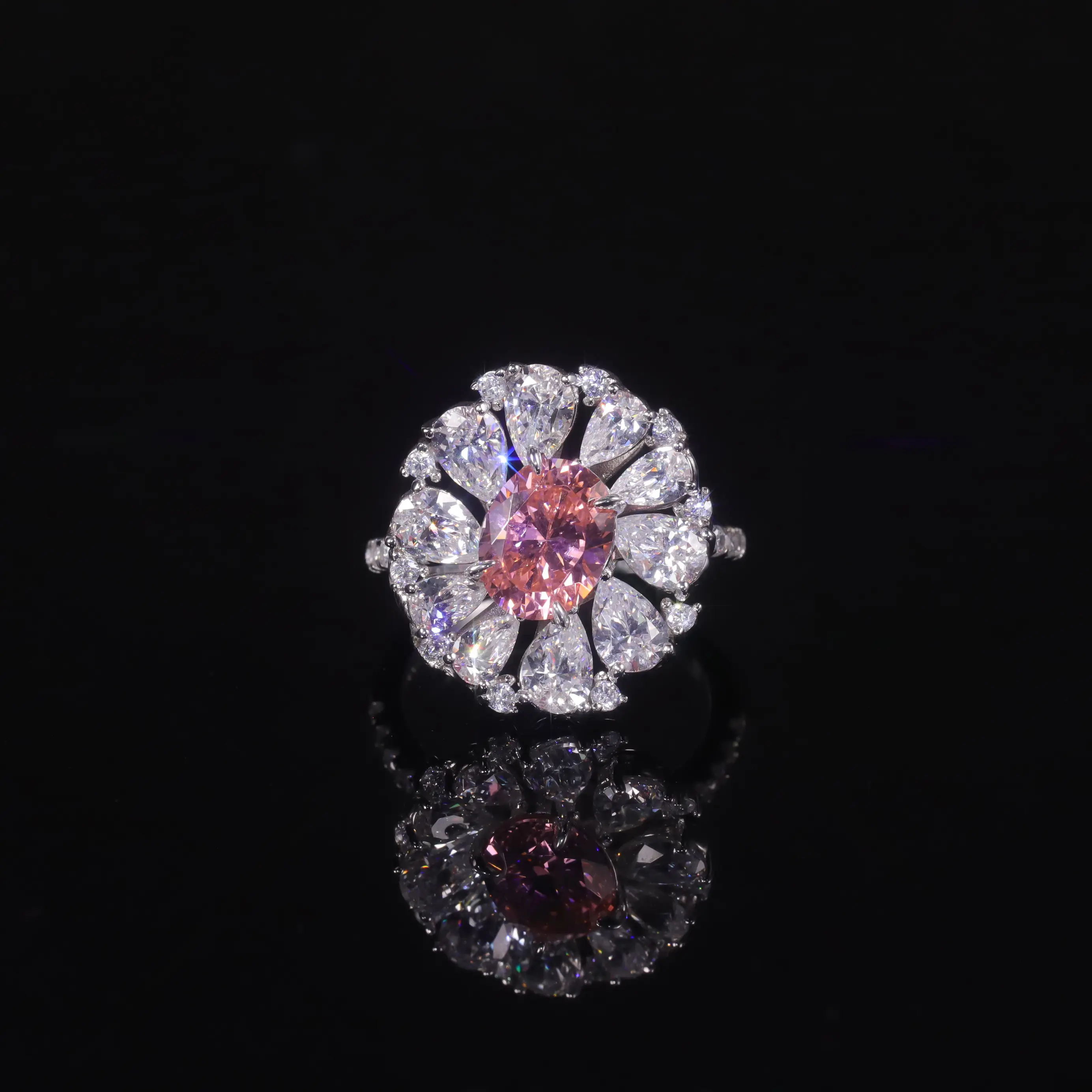 Ar338 Tijdige Productie Sieraden Fabriek 925 Sterling Zilveren Padparadscha Saffier Roze Cz Ring Gemalen Ijs Roze Diamanten Ring