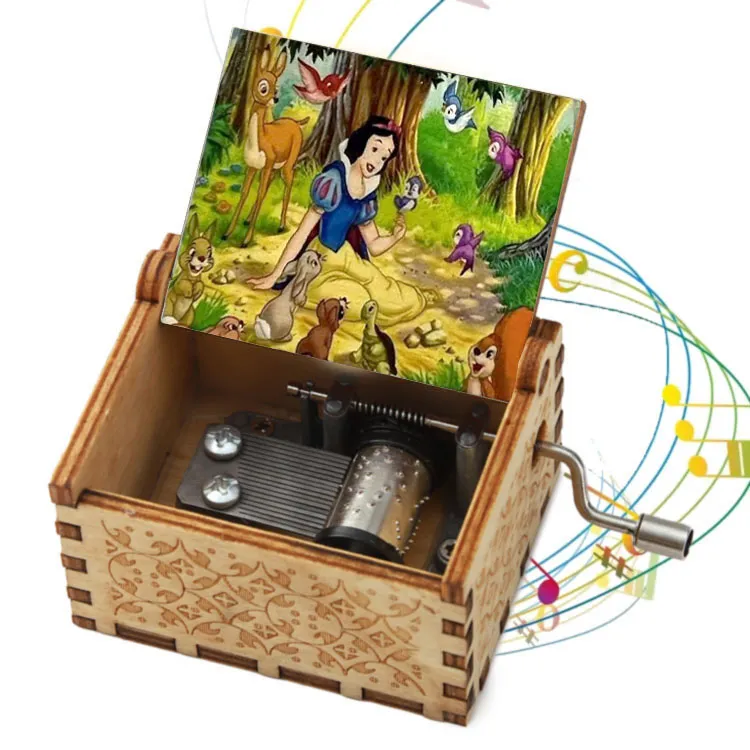 Bonito sonido película blanca como la nieve Dis-ney mini manivela caja de música de madera personalizada