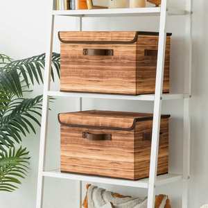 Wood-Grain Yellow Fabric <b>Collapsible</b> Wardrobe Organisation Pack of 2 Lidded <b>Storage</b> <b>Boxes</b> for Shelves - Product Image 6