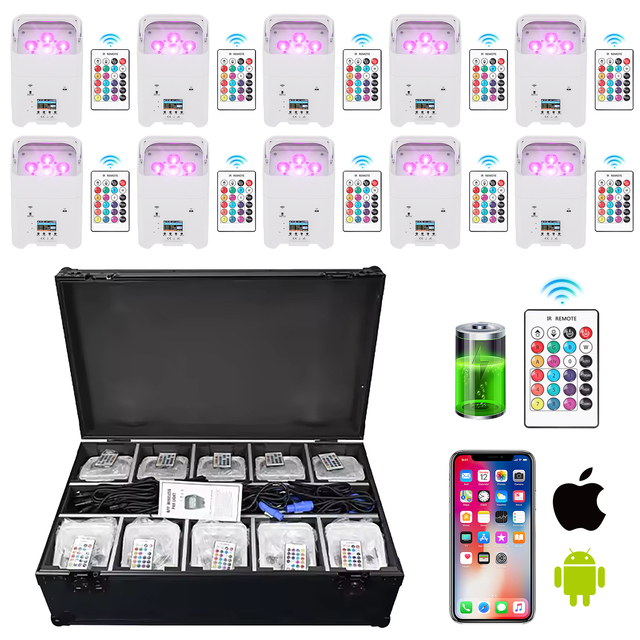 6*18W 6in1 LED Battery Uplight with Charge Case RGBWA+UV Wireless DMX Battery Operated LED CRI90 7 Modes IP33 Metal Flight Case