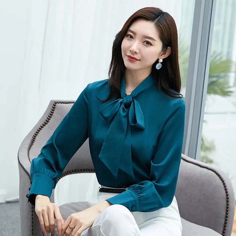 Women OL Work Satin Blouse Elegant Long Sleeve Bow Tie Shirt Spring Casual Solid Bluas Female Office Tops Tunic Chemise