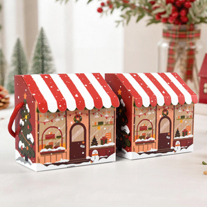 Boîte cadeau de Noël luxueuse et personnalisable, rouge, avec poignée en corde, pliable, pour pâtisseries, design créatif en forme de cabane de Noël, boîte cadeau d'accompagnement - Product Image 2