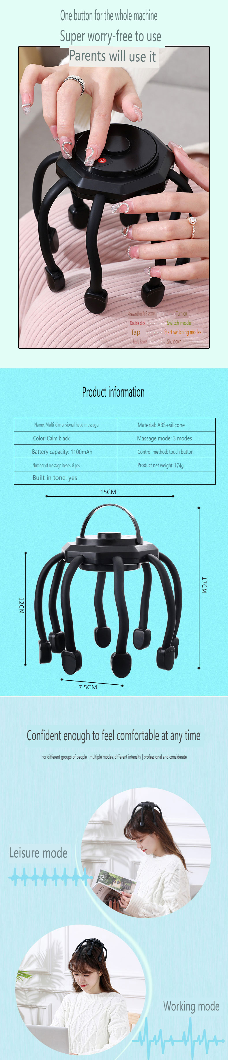 Rechargeable Electric Smart Vibrating Hair Growth  Octopus Scalp Wrap Around Head Massager for Stress Release