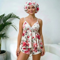 P677 Ensemble de pyjama court en satin sexy pour femme, col en V, imprimé, bretelles spaghetti, avec bonnet de douche, vente en gros