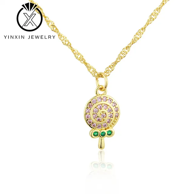 YiXin Jewelry 14K Gold Plated Candy Necklace Brass Color Diamond Pendant Ladies Party All-match Fashion Jewelry