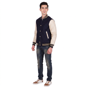 Veste bomber pour homme bleu marine et style universitaire avec manches en cuir, style baseball décontracté, manteau d'hiver chaud - Product Image 1