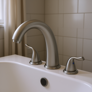 Grifo de Bañera de Acero Inoxidable Cepillado con Caño Alto, 3 Orificios, Cascada, Montaje en Cubierta, Amplio Rango, 2 Manijas, Diseño Contemporáneo - Product Image 2