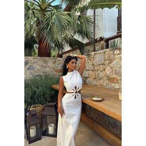 Robe de soirée longue en satin polyester blanc, coupe trapèze et droite, avec détail anneau à sequins, style simple, taille XL - Product Image 3