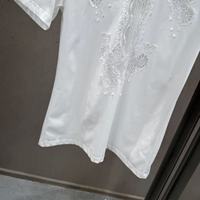 ST0001 T-shirt d'été tendance en polycoton uni avec empiècements en dentelle, manches courtes, col rond, coupe ajustée pour femme