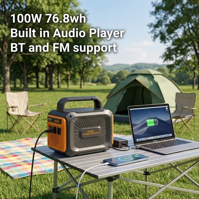 100W 76.8Wh Portable Power Station Solar Generator with Built-in Speakers & FM Energy Storage
