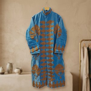 Wholesale Indian Handmade Suzani Embroidered Light Blue Velvet Kimono Jacket Long Duster <b>Coat</b> Vintage Fish Floral Motif <b>Women</b> - Product Image 6