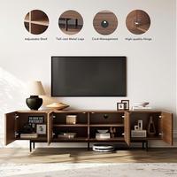 Meuble TV moderne en bois avec portes à lattes, table console multimédia pour salon, centre de divertissement minimaliste avec pieds en métal