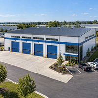 Bâtiment industriel en structure métallique préfabriquée, atelier à grande portée avec bureau et plusieurs portes